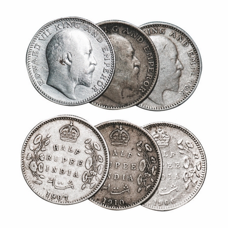 Edward VII, Silver, Half Rupee, (3 coins), 1) 1906, Calcutta Mint, no mint mark, 2) 1907, 