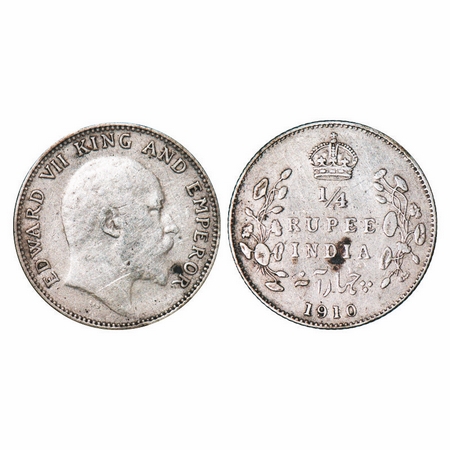 Edward VII, Silver 1/4 Rupee, 1910, Bombay Mint, small raised dot on the right bottom stem