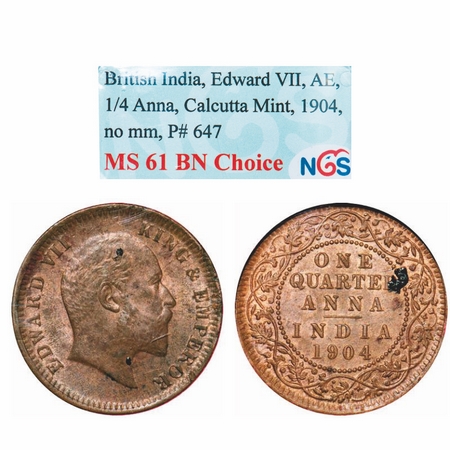Edward VII, Copper, Quarter Anna, 1904, Calcutta Mint, No mint mark. GK 995. NGC Slabbed M