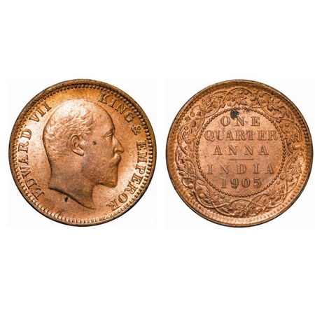 Edward VII, Copper, Quarter Anna, 1905, Calcutta Mint, No mint mark.GK 996. Brilliant Unci