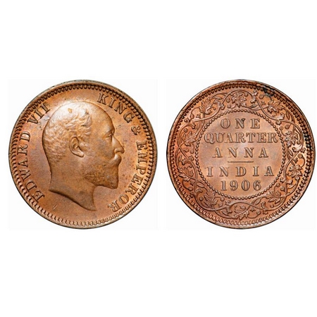 Edward VII, Copper, Quarter Anna, 1906, Calcutta Mint, No mint mark. GK 997. Brillaint Unc
