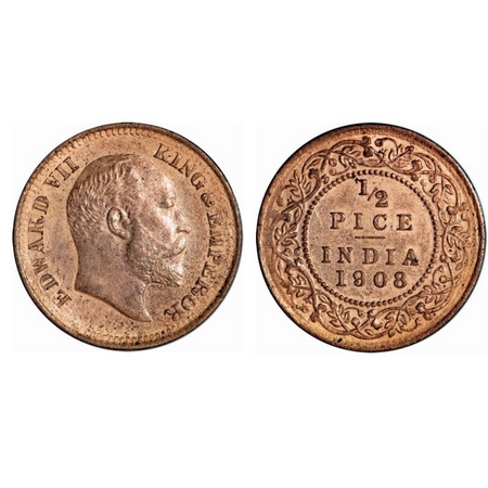 Edward VII, Bronze, 1/2 Pice, 1908, Calcutta Mint, No mint mark. GK 1009. Extremely Fine C