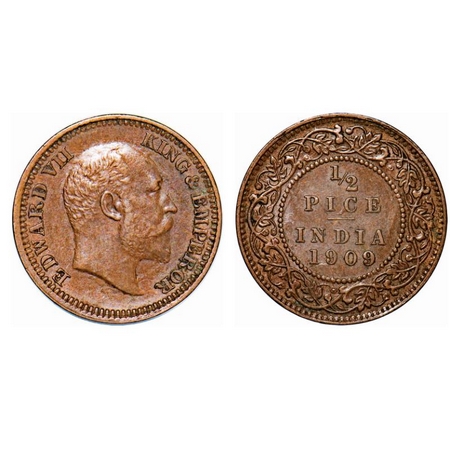 Edward VII, Bronze, 1/2 Pice, 1909, Calcutta Mint, No mint mark, Ghost on Obv and Rev. GK 