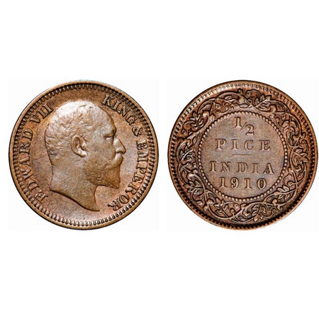 Edward VII, Bronze, 1/2 Pice, 1910, Calcutta Mint, No mint mark. GK 1011. About Uncirculat