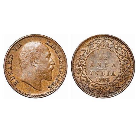 Edward VII, Bronze, 1/12 Anna, 1908, Calcutta Mint, No mint mark. GK 1018. About Uncircula