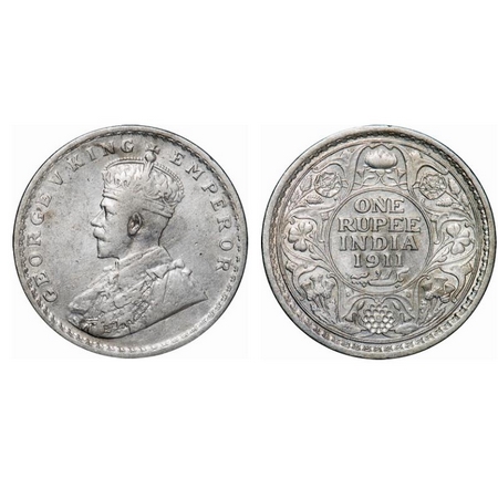 George V, Silver, Rupee, 1911, Calcutta mint, No dot, Pig-Type. GK 1021. Very Fine. Scarce