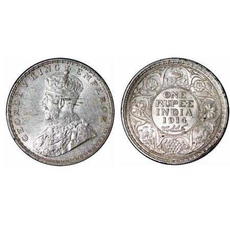 George V, Silver, Rupee, 1914, Calcutta Mint, No dot. F. Prid 210. GK 1029. Uncirculated, 