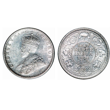 George V, Silver, Half Rupee, 1918, Bombay Mint, Dot. GK 1056. Uncirculated. Scarce.