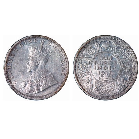 George V, Silver, Half Rupee, 1918, Bombay Mint, Dot. GK 1056. About Uncirculated. Scarce.