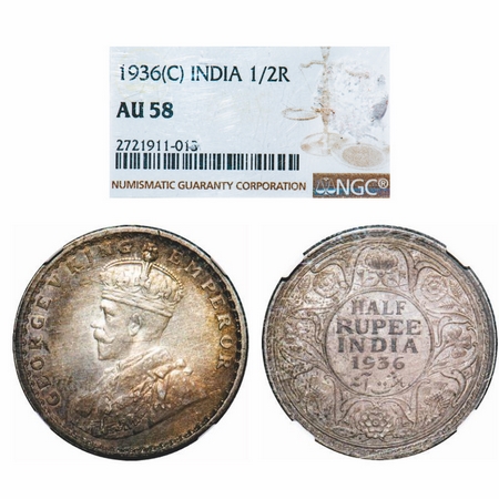 George V, Silver, Half Rupee, 1936, Calcutta Mint, No dot. GK 1075. NGC Slabbed AU 58. Sca