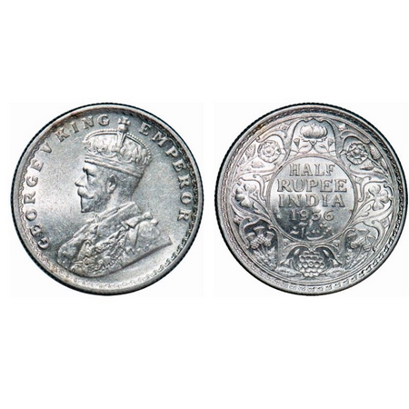 George V, Silver, Half Rupee, 1936, Calcutta Mint, No dot, Error, Struck through error on 