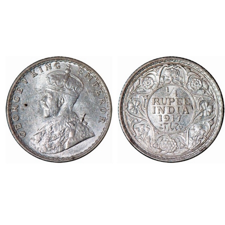 George V, Silver 1/4 Rupee, 1917, Calcutta Mint. GK 1090. Almost Uncirculated. Scarce.