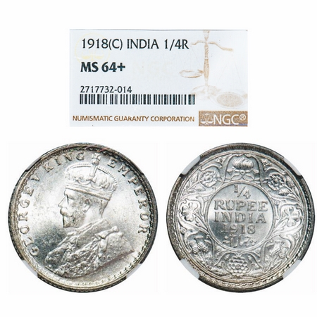 George V, Silver, 1/4 Rupee, 1918, Calcutta Mint, No dot. GK 1091. NGC Slabbed MS 64+. Rar