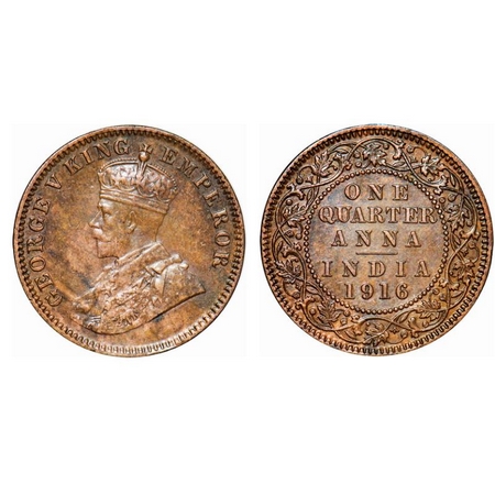George V, Bronze, Quarter Anna, 1916, Calcutta mint, No dot. GK 1175. Extremely Fine+. Sca