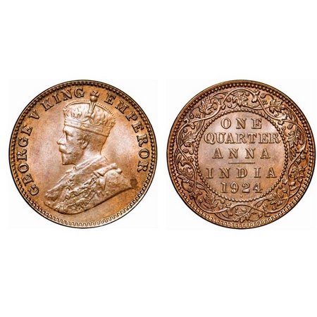 George V, Bronze, Quarter Anna, 1924, Bombay Mint, Dot, Planchet flaw on Obv. GK 1180. Unc