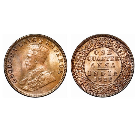 George V, Bronze, Quarter Anna, 1926, Calcutta mint, No dot, Error, Struck through error o