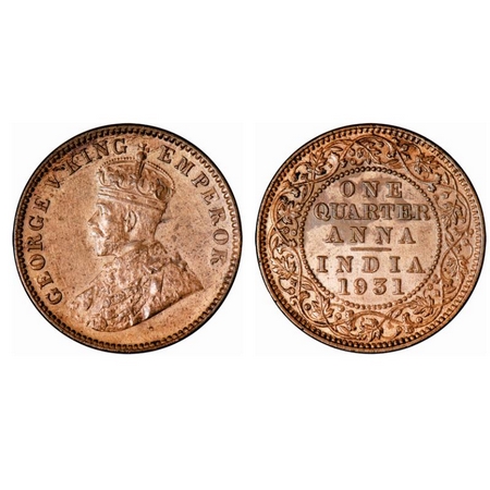 George V, Bronze, Quarter Anna, 1931, Calcutta Mint, No dot, Planchet flaw on Obv. F. Prid