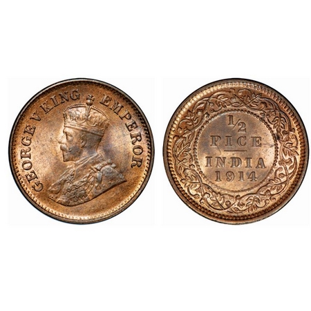 George V, Bronze, 1/2 Pice, 1914, Calcutta Mint, No mint mark. GK 1200. Brilliant Uncircul