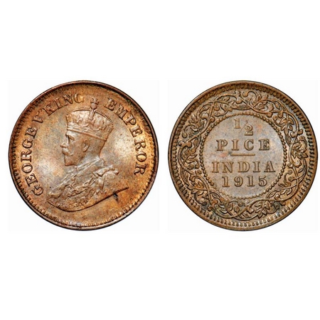 George V, Bronze, 1/2 Pice, 1915, Calcutta Mint, No mint mark. GK 1201. Uncirculated. Scar