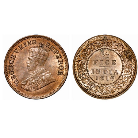 George V, Bronze, 1/2 Pice, 1916, Calcutta Mint, No mint mark. GK 1202. Brilliant Uncircul