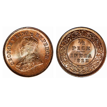 George V, Bronze, 1/2 Pice, 1922, Calcutta Mint, No mint mark, Ghost on Rev. GK 1208. Bril