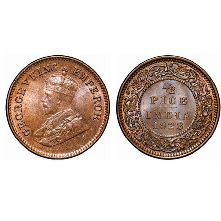 George V, Bronze, 1/2 Pice, 1928, Calcutta Mint, No mint mark, Ghost on Rev, Die cracks on