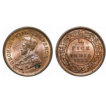 George V, Bronze, 1/2 Pice, 1932, Calcutta Mint, No mint mark. GK 1218. Uncirculated. Scar