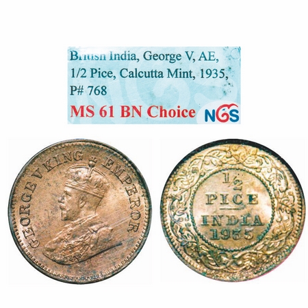 George V, Bronze, 1/2 Pice, 1935, Calcutta Mint, No mint mark. GK 1221. NGS Slabbed MS 61 