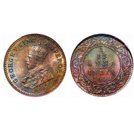 George V, Bronze, 1/12 Anna, 1914, Calcutta Mint, No dot. GK 1225. NGS Slabbed MS 61 choic