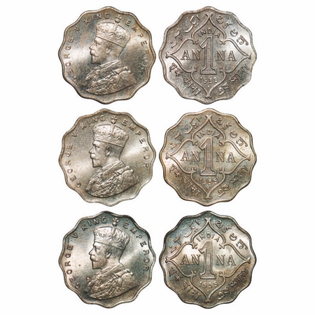 George V, Copper-Nickel, 1 Anna, (3 coins), 1935, Bombay Mint, Dot. GK 1166. Uncirculated 