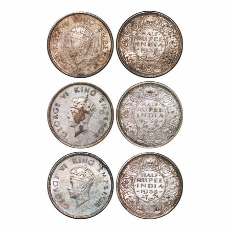 George VI, Silver, Half Rupee (3 Coins), 1938, Bombay Mint, A/I, Dot, Type I, Milled edge.