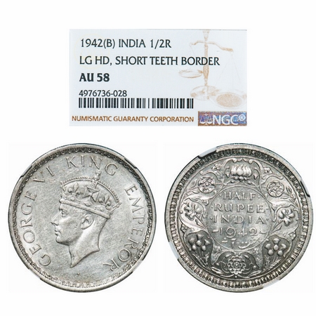 George VI, Half Silver, Half Rupee, 1942, Bombay Mint, Head Type II, A(a)/II, Dot, Securit