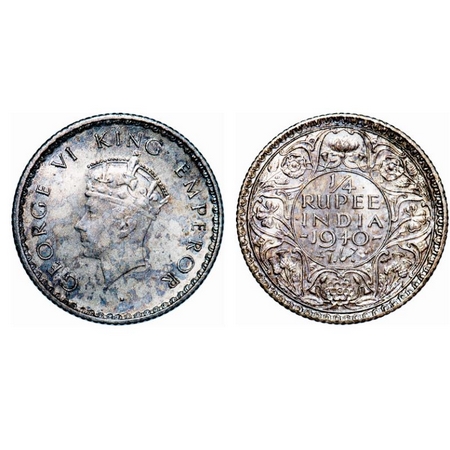 George VI, Half Silver, 1/4 Rupee, 1940, Bombay Mint, Type I. GK 1326. Extremely Fine+. Sc
