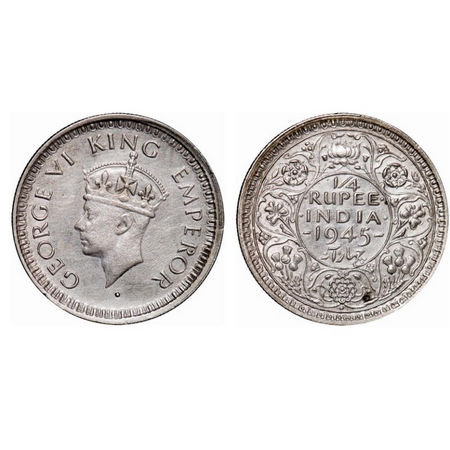 George VI, Half Silver, 1/4 Rupee, 1945, Bombay Mint, Head Type II, Rev II, Dot, Security 