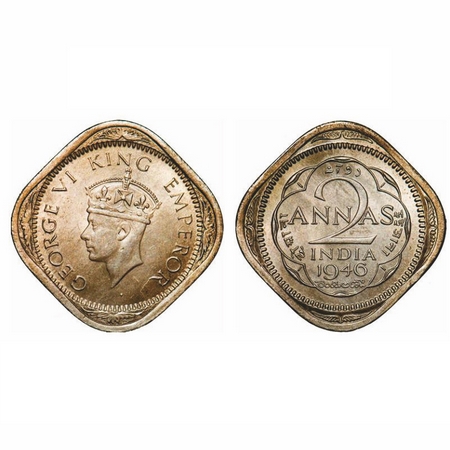 George VI, Copper-Nickel, 2 Annas, 1946, Calcutta Mint, Head Type II, No dots by year, Nor