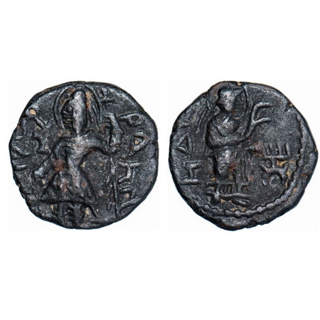Kushana Dynasty, Kanishka I, Copper 1/4 Drachma, 4.12g, 16.98x17.30mm, Obv: King standing 