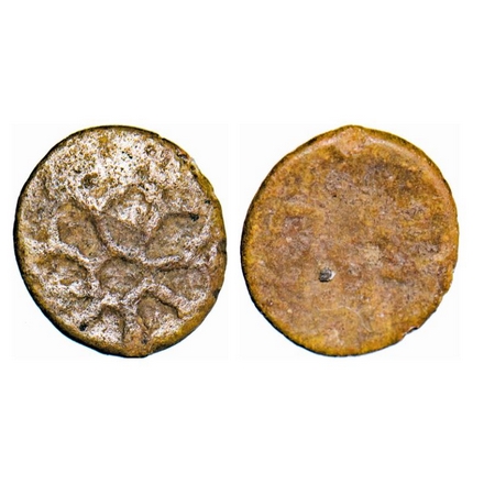 Post-Vakataka, c. 250 CE–c. 500 CE, Lead, 0.61g, 10.07X9.31mm, Obv: Bold flower, Rev: Bram