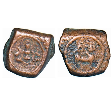 Post Guptas, Gujarat Region, Anonymous Issue, Copper Unit, 2.41g, 10.50X10.79mm, Obv : God