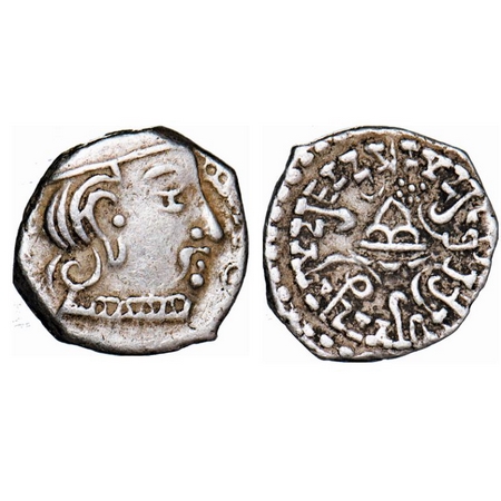 Traikutakas, Dharasena, Silver Drachma, 2.08g, 13.39X13.64mm, Obv: Profile bust of king fa