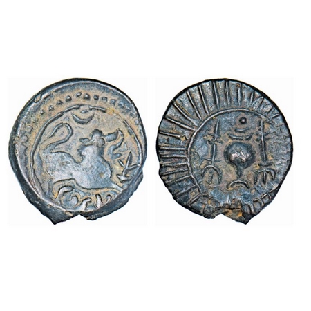 Vishnukudins, Bell Metal, 8.88g, 24.20X22.11mm, Obv: Conch shell (shankha) in an ornate ra