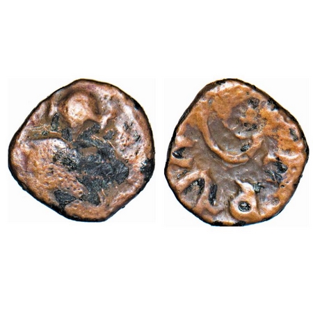 Rashtrakutas, 6-7th c, Copper, 0.93g, 10.82X9.85mm, Obv: Goddess is seated cross-legged an