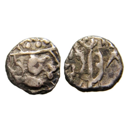 Sindh, Yashaditya, 7th century, Silver drachm, 0.60g, 10.11X9.29mm, Obv: sad-looking bust 