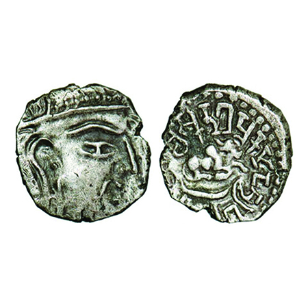 Guptas, Skandagupta, Silver Drachma, 1.60g, 11.98x11.96mm, Bull type, Obv: Bust of king fa