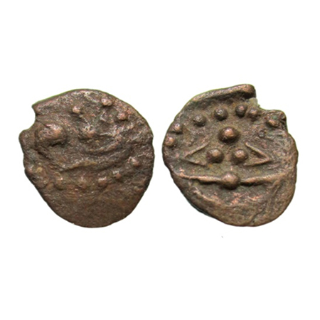 Kalachuris of Mahishmati, Krishnarajdeva, Copper 0.58g, 7x10mm, Obv: Seated Nandi to right