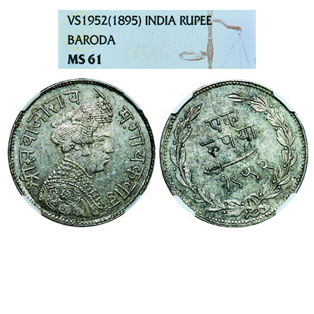 Baroda, Silver, Rupee, Sayaji Rao III, VS 1952/1895 AD, Obv: Crowned bust to the right, Re