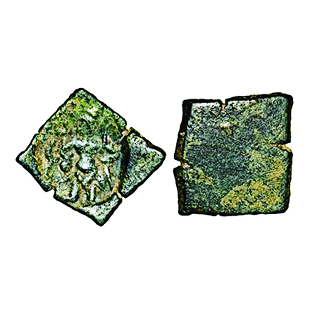 Post Mauryan, Ujjaini Region, Brahma type, Copper, 1.70g, 16.31x17.66mm, Obv: Human figure