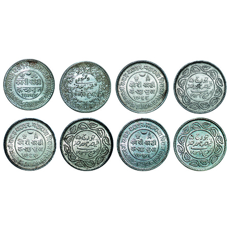Kutch, Silver, 2 ½ Kori, (4 coins), Khengarji III, VS 1954/1897, 1988/1932, 1989/1933, 199