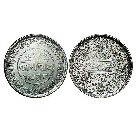 Kutch, Silver, 5 Kori, 13.81g, Khengarji III, INO Victoria Empress, VS 1938/1882 AD. Rajgo