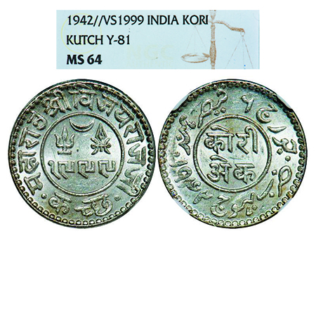 Kutch, Silver, Kori, Vijayrajji, INO George VI, VS 1999/1942 AD. Rajgor 269.1. NGC Slabbed