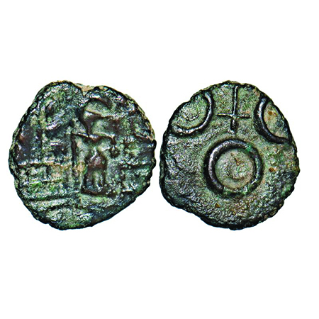 Ujjain, Copper, 1.67g, 26.78x26.70mm, (2 Cen BC), Obv: A diety at center holding a staff a